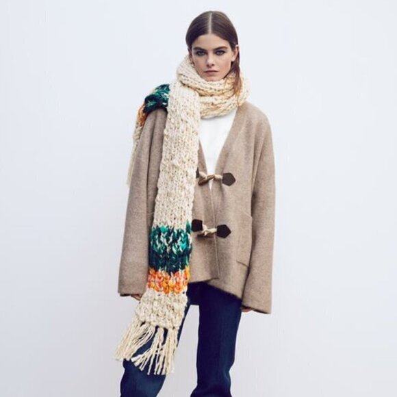 New Zara Colorblock Oversized Chunky Textured Fringe Scarf & Pom Pom Beanie Set - Picture 4 of 17
